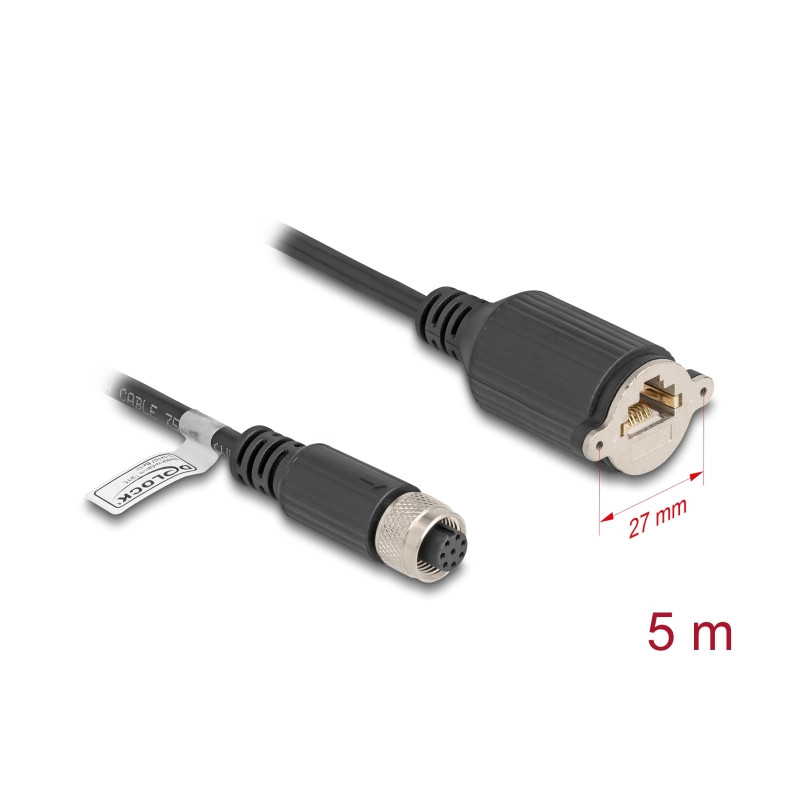 Delock M12 Kabel A-kodiert 8 Pin Buchse zu RJ45 Buchse zum Einbau Cat.5e FTP 5 m schwarz