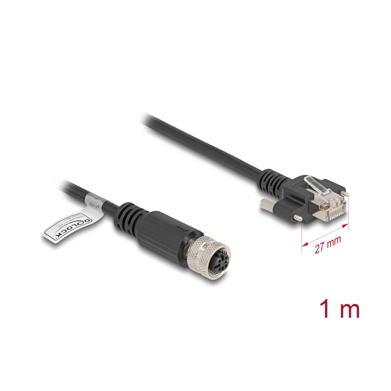 Delock M12 Kabel D-kodiert 4 Pin Buchse zu RJ45 Stecker mit Schrauben Cat.5e FTP 1 m schwarz