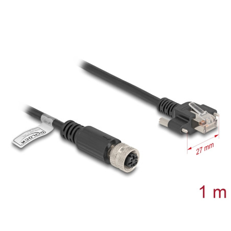 Delock M12 Kabel D-kodiert 4 Pin Buchse zu RJ45 Stecker mit Schrauben Cat.5e FTP 1 m schwarz