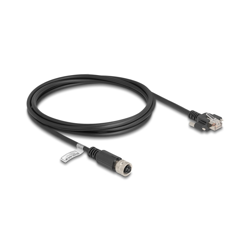 Delock M12 Kabel D-kodiert 4 Pin Buchse zu RJ45 Stecker mit Schrauben Cat.5e FTP 2 m schwarz