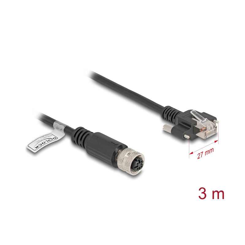 Delock M12 Kabel D-kodiert 4 Pin Buchse zu RJ45 Stecker mit Schrauben Cat.5e FTP 3 m schwarz