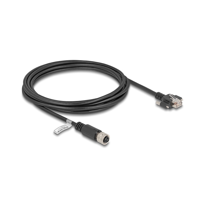 Delock M12 Kabel D-kodiert 4 Pin Buchse zu RJ45 Stecker mit Schrauben Cat.5e FTP 3 m schwarz