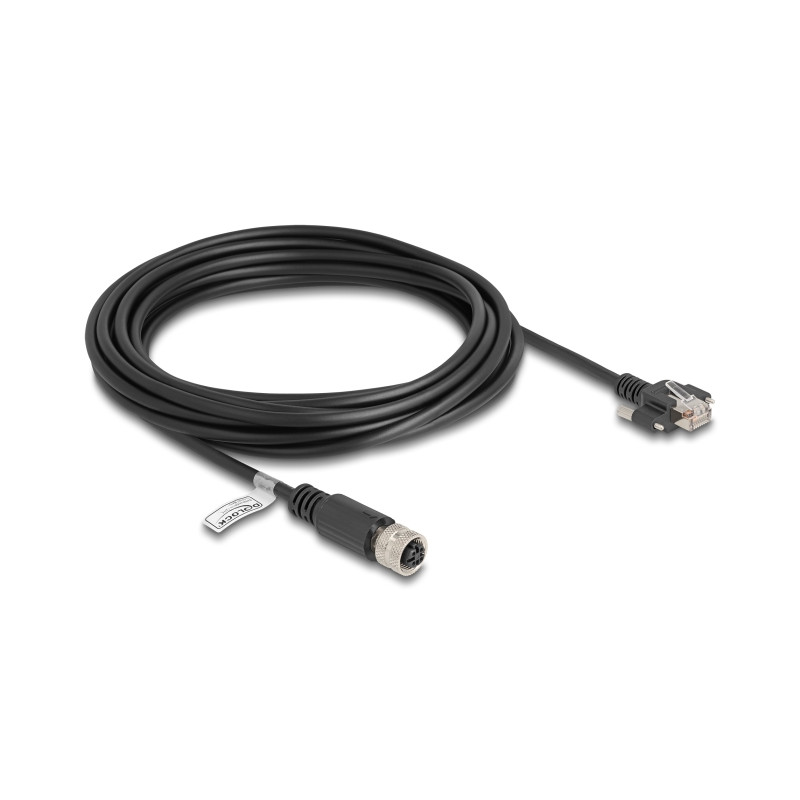 Delock M12 Kabel D-kodiert 4 Pin Buchse zu RJ45 Stecker mit Schrauben Cat.5e FTP 5 m schwarz