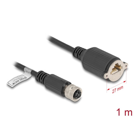 Delock M12 Kabel D-kodiert 4 Pin Buchse zu RJ45 Buchse zum Einbau Cat.5e FTP 1 m schwarz