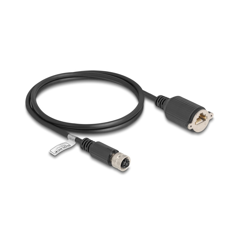 Delock M12 Kabel D-kodiert 4 Pin Buchse zu RJ45 Buchse zum Einbau Cat.5e FTP 1 m schwarz