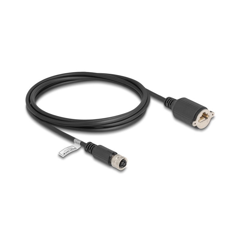 Delock M12 Kabel D-kodiert 4 Pin Buchse zu RJ45 Buchse zum Einbau Cat.5e FTP 2 m schwarz
