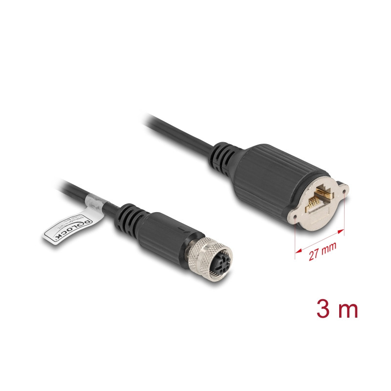 Delock M12 Kabel D-kodiert 4 Pin Buchse zu RJ45 Buchse zum Einbau Cat.5e FTP 3 m schwarz