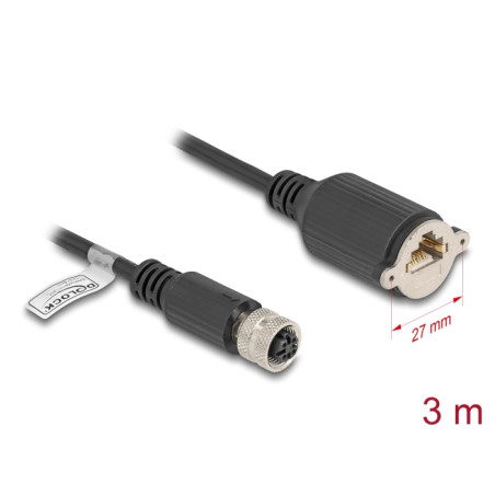 Delock M12 Kabel D-kodiert 4 Pin Buchse zu RJ45 Buchse zum Einbau Cat.5e FTP 3 m schwarz