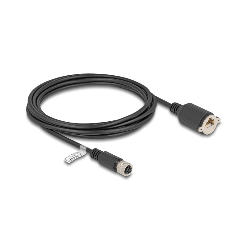 Delock M12 Kabel D-kodiert 4 Pin Buchse zu RJ45 Buchse zum Einbau Cat.5e FTP 3 m schwarz