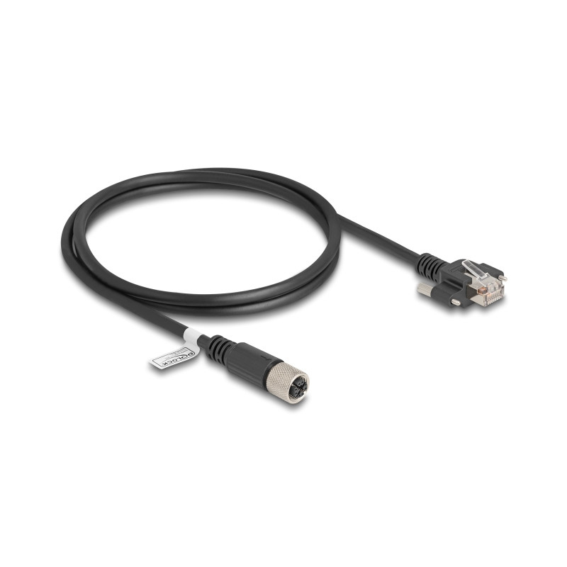 Delock M12 Kabel X-kodiert 8 Pin Buchse zu RJ45 Stecker mit Schrauben Cat.6A S/FTP 1 m schwarz