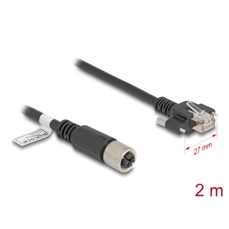 Delock M12 Kabel X-kodiert 8 Pin Buchse zu RJ45 Stecker mit Schrauben Cat.6A S/FTP 2 m schwarz