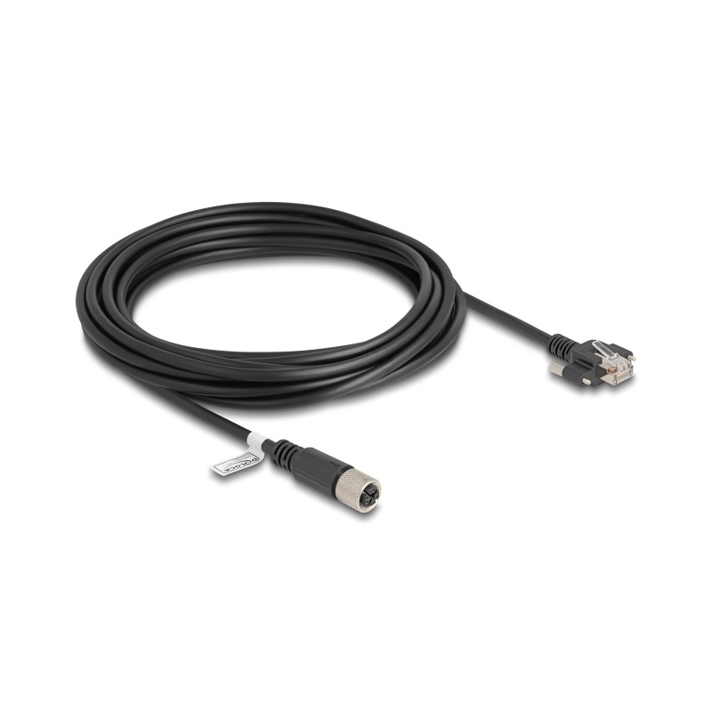 Delock M12 Kabel X-kodiert 8 Pin Buchse zu RJ45 Stecker mit Schrauben Cat.6A S/FTP 5 m schwarz