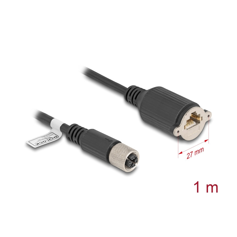 Delock M12 Kabel X-kodiert 8 Pin Buchse zu RJ45 Buchse zum Einbau Cat.6A S/FTP 1 m schwarz