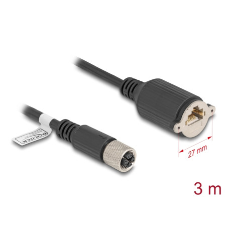 Delock M12 Kabel X-kodiert 8 Pin Buchse zu RJ45 Buchse zum Einbau Cat.6A S/FTP 3 m schwarz