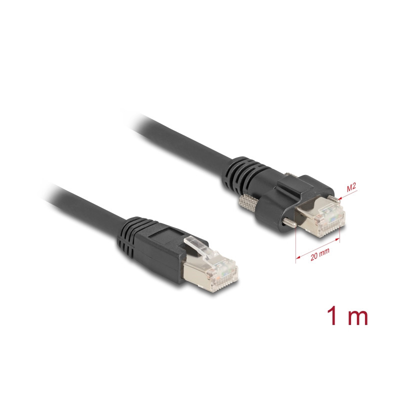 Delock Kabel RJ45 Stecker zu RJ45 Stecker mit Schraubenabstand 20 mm für GigE Kamera Cat.6A S/FTP 1 m schwarz