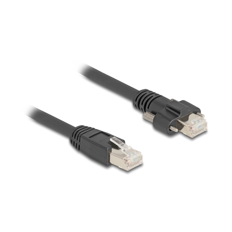 Delock Kabel RJ45 Stecker zu RJ45 Stecker mit Schraubenabstand 20 mm für GigE Kamera Cat.6A S/FTP 1 m schwarz