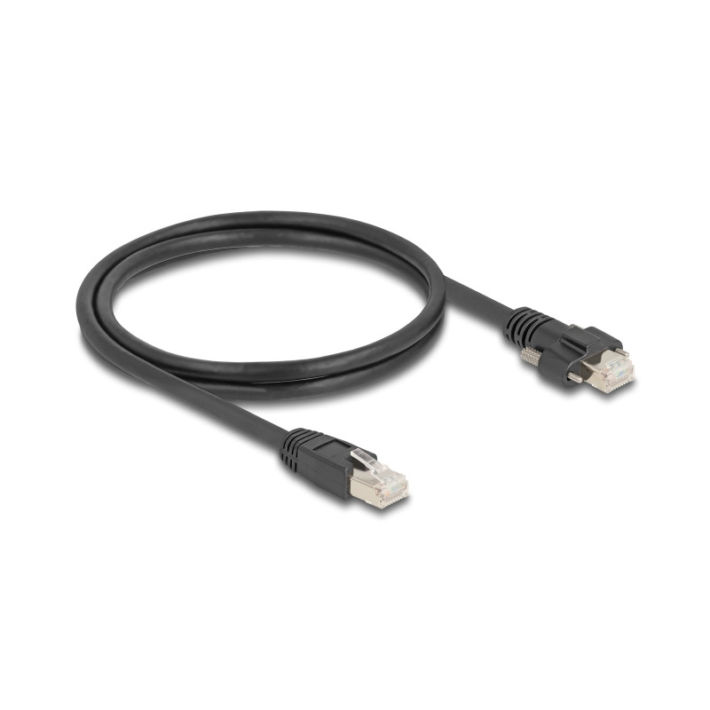 Delock Kabel RJ45 Stecker zu RJ45 Stecker mit Schraubenabstand 20 mm für GigE Kamera Cat.6A S/FTP 1 m schwarz