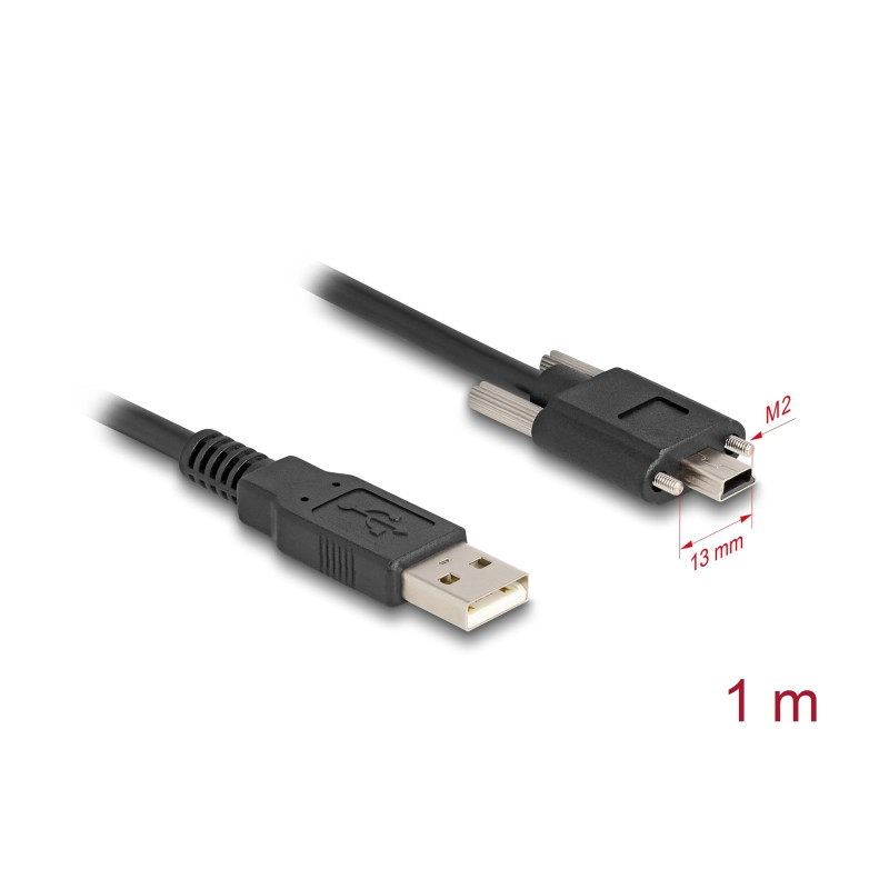 Delock USB 2.0 Kabel Typ-A Stecker zu Typ Mini-B Stecker mit Schraubenabstand 13 mm 1 m schwarz