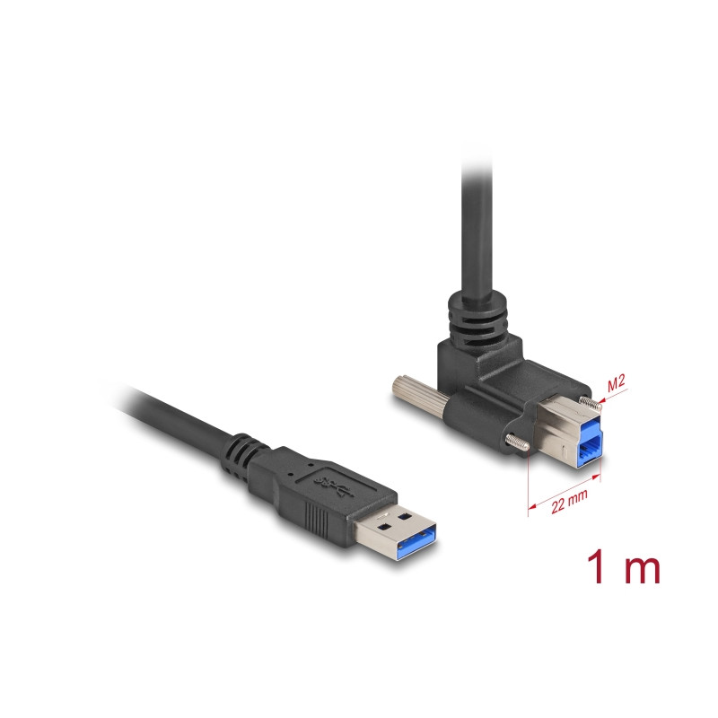 Delock USB 5 Gbps Kabel USB Typ-A Stecker gerade zu USB Typ-B Stecker mit Schraubenabstand 22 mm 90° nach oben gewinkelt 1 m sch