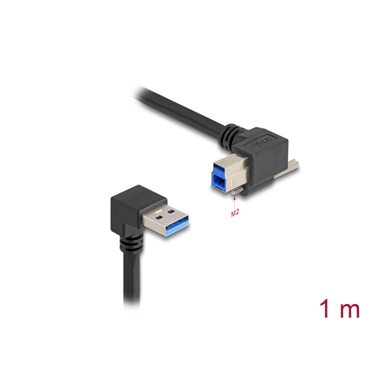 Delock USB 5 Gbps Kabel USB Typ-A Stecker 90° nach unten gewinkelt zu USB Typ-B Stecker mit Schraube 90° nach rechts gewinkelt 1