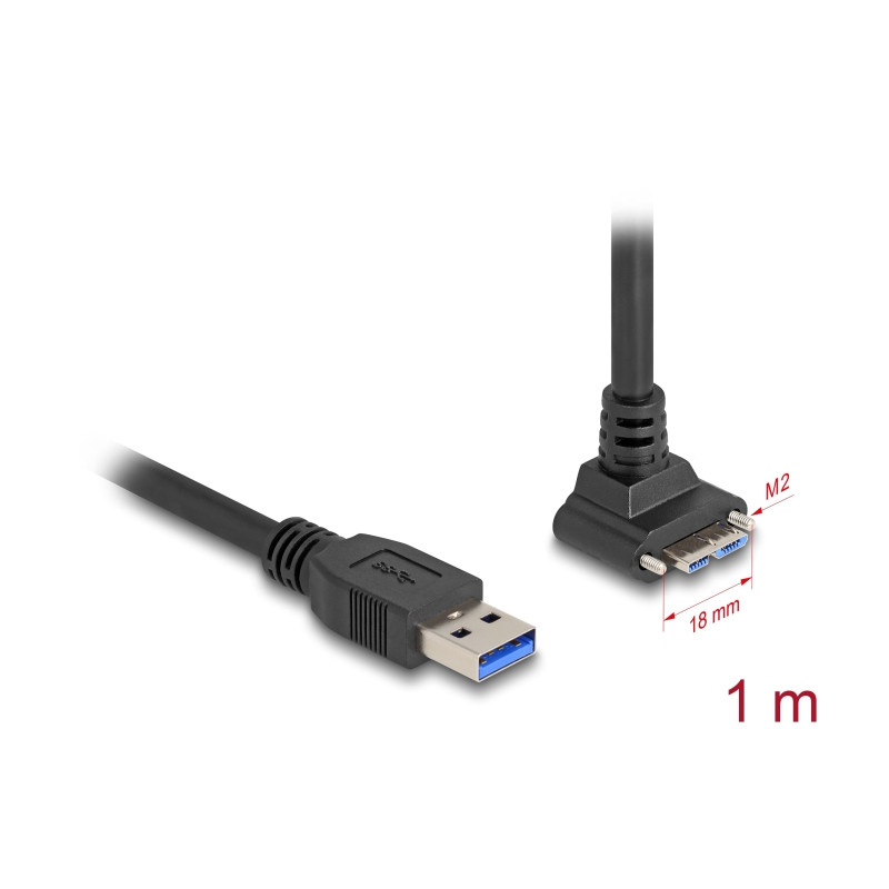 Delock USB 5 Gbps Kabel USB Typ-A Stecker gerade zu USB Micro-B Stecker mit Schraubenabstand 18 mm 90° nach oben gewinkelt 1 m s