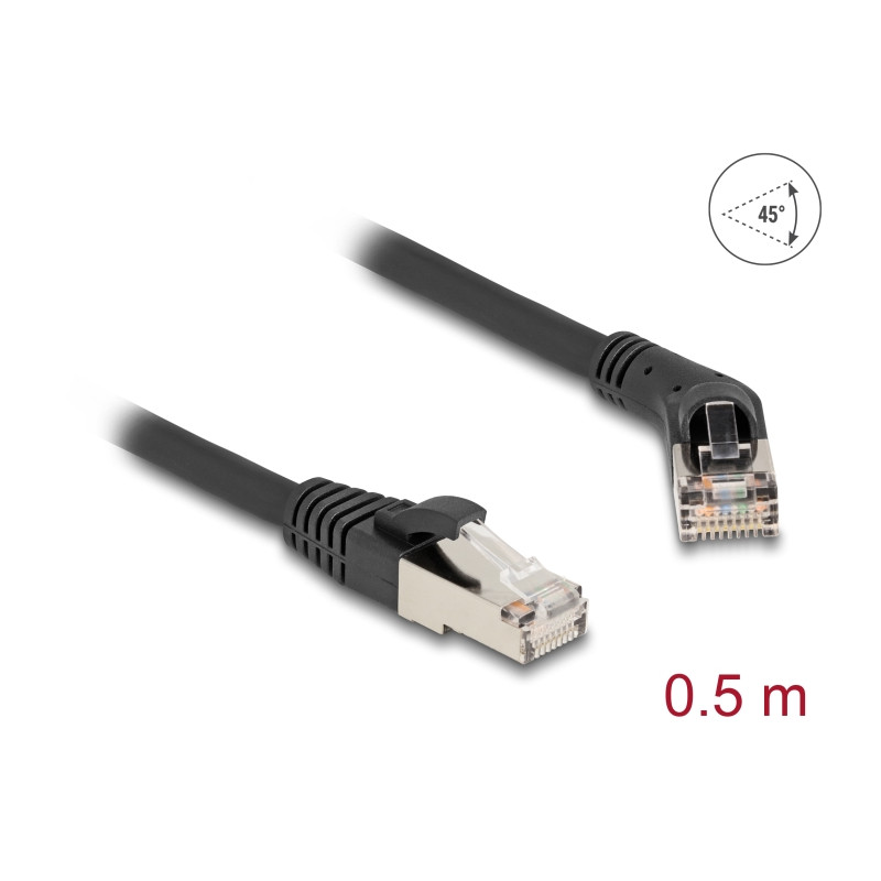 Delock RJ45 Netzwerkkabel Cat.6A S/FTP Stecker 45° nach rechts gewinkelt zu Stecker gerade 0,5 m schwarz