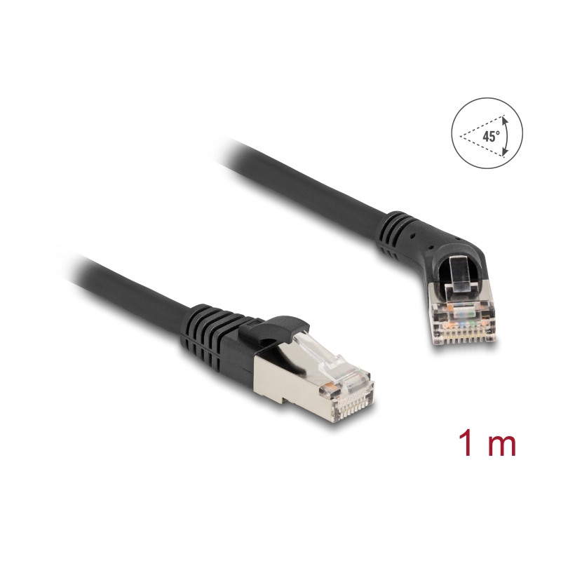Delock RJ45 Netzwerkkabel Cat.6A S/FTP Stecker 45° nach rechts gewinkelt zu Stecker gerade 1 m schwarz