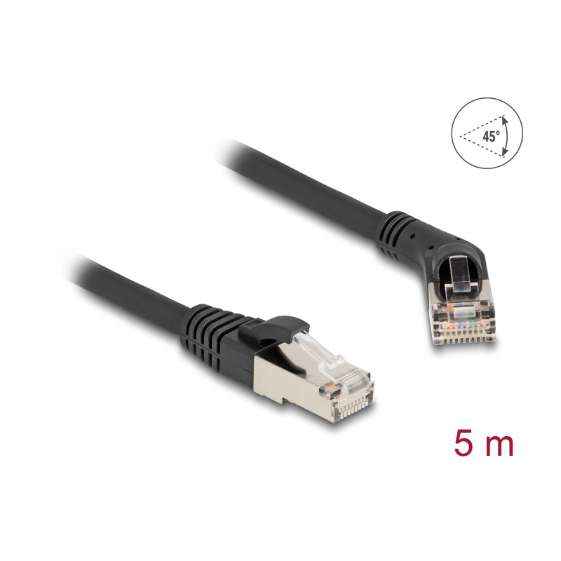Delock RJ45 Netzwerkkabel Cat.6A S/FTP Stecker 45° nach rechts gewinkelt zu Stecker gerade 5 m schwarz