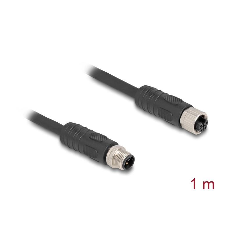 Delock M12 Kabel L-kodiert 4 Pin Stecker zu Buchse PUR schleppkettentauglich 1 m schwarz