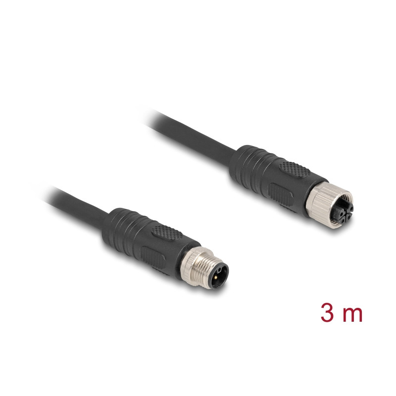 Delock M12 Kabel L-kodiert 4 Pin Stecker zu Buchse PUR schleppkettentauglich 3 m schwarz