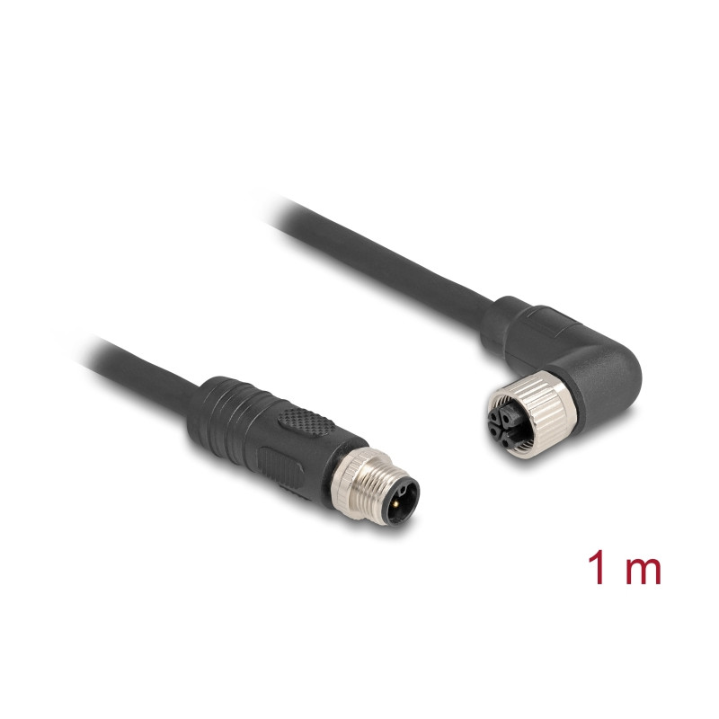 Delock M12 Kabel L-kodiert 4 Pin Stecker gerade zu Buchse rechts gewinkelt PUR schleppkettentauglich 1 m schwarz