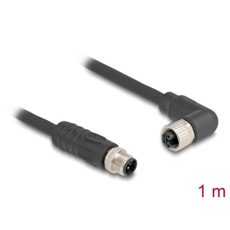 Delock M12 Kabel L-kodiert 4 Pin Stecker gerade zu Buchse rechts gewinkelt PUR schleppkettentauglich 1 m schwarz