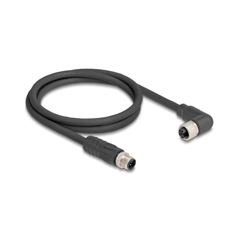 Delock M12 Kabel L-kodiert 4 Pin Stecker gerade zu Buchse rechts gewinkelt PUR schleppkettentauglich 1 m schwarz