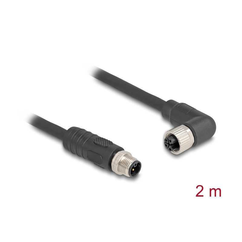 Delock M12 Kabel L-kodiert 4 Pin Stecker gerade zu Buchse rechts gewinkelt PUR schleppkettentauglich 2 m schwarz