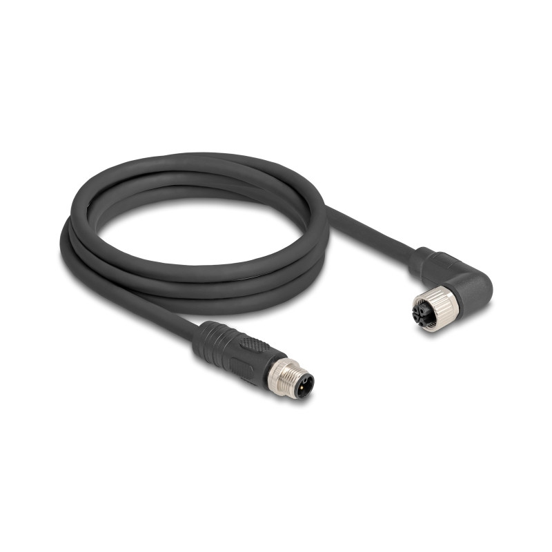 Delock M12 Kabel L-kodiert 4 Pin Stecker gerade zu Buchse rechts gewinkelt PUR schleppkettentauglich 2 m schwarz