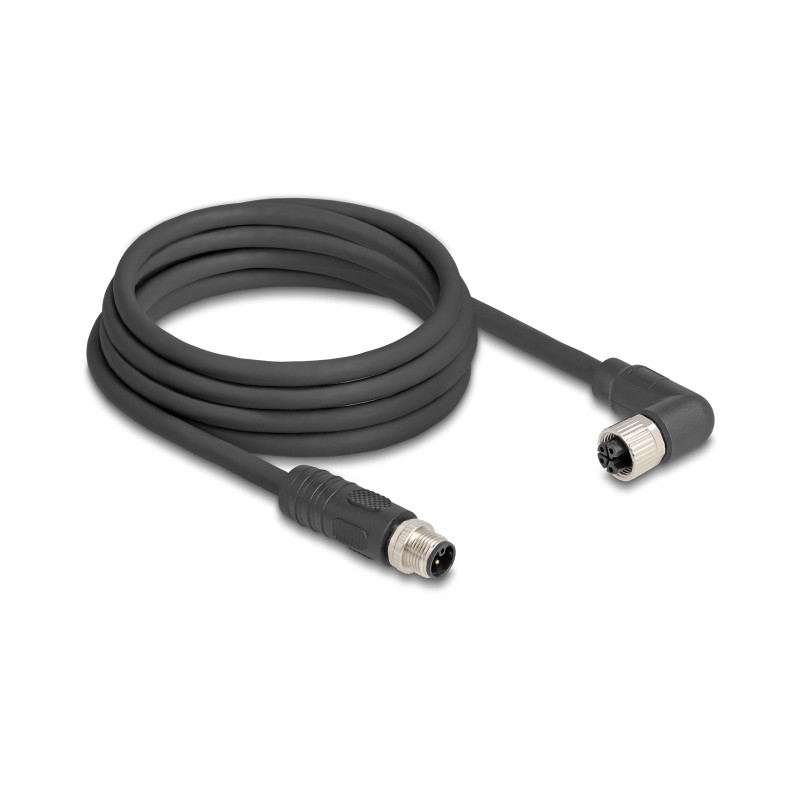 Delock M12 Kabel L-kodiert 4 Pin Stecker gerade zu Buchse rechts gewinkelt PUR schleppkettentauglich 3 m schwarz