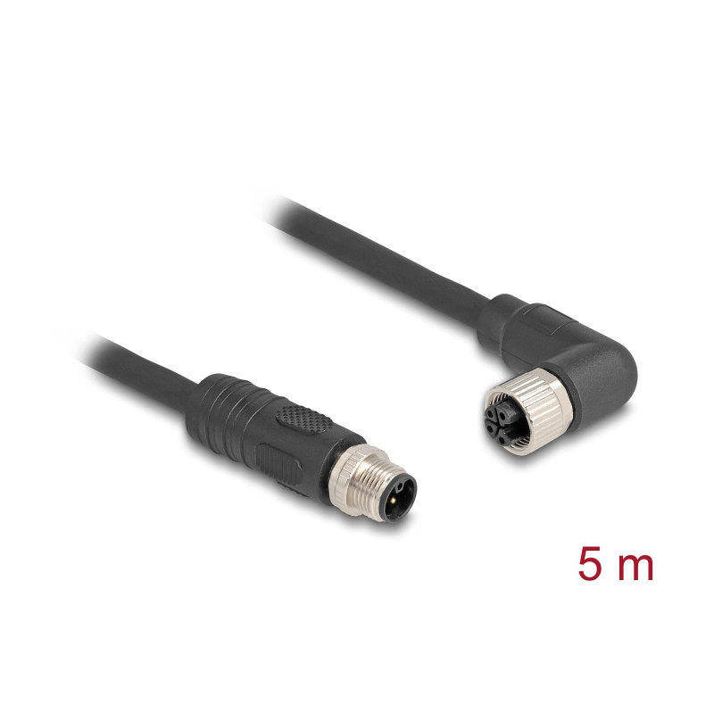Delock M12 Kabel L-kodiert 4 Pin Stecker gerade zu Buchse rechts gewinkelt PUR schleppkettentauglich 5 m schwarz