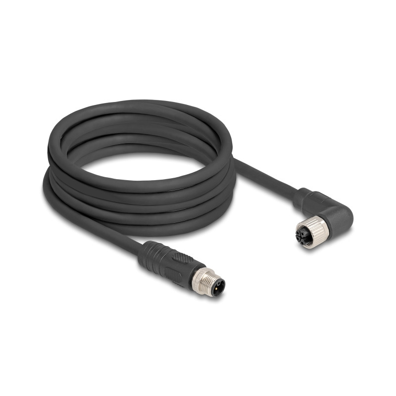 Delock M12 Kabel L-kodiert 4 Pin Stecker gerade zu Buchse rechts gewinkelt PUR schleppkettentauglich 5 m schwarz