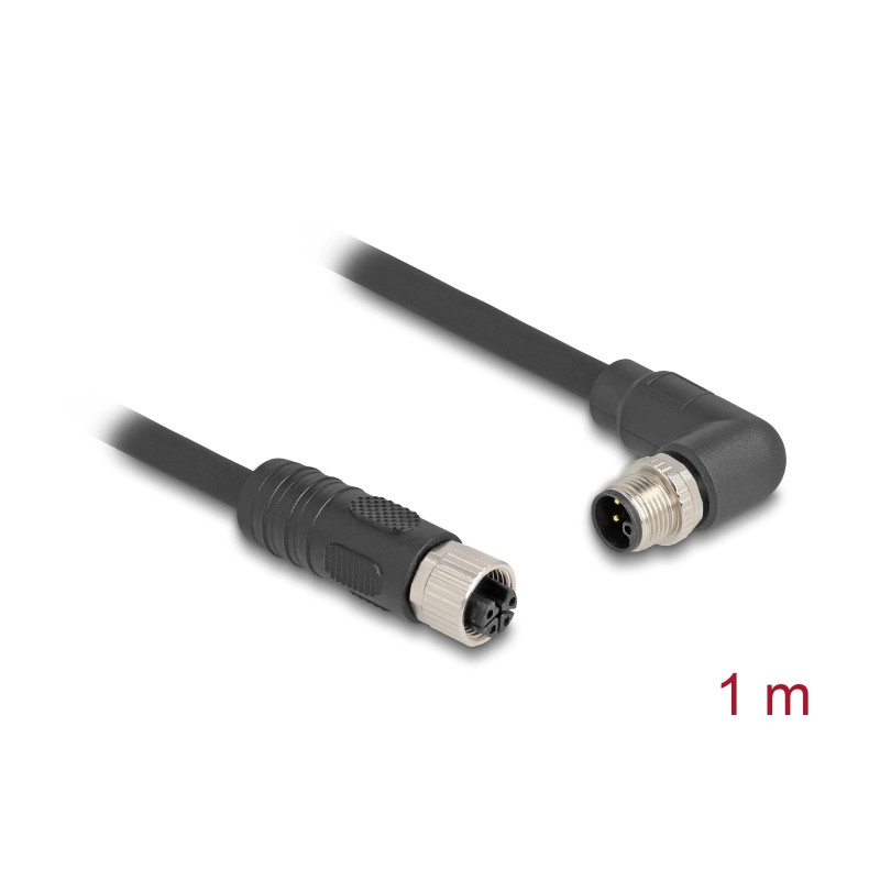Delock M12 Kabel L-kodiert 4 Pin Stecker rechts gewinkelt zu Buchse gerade PUR schleppkettentauglich 1 m schwarz