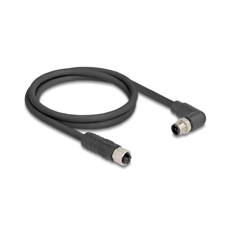 Delock M12 Kabel L-kodiert 4 Pin Stecker rechts gewinkelt zu Buchse gerade PUR schleppkettentauglich 1 m schwarz