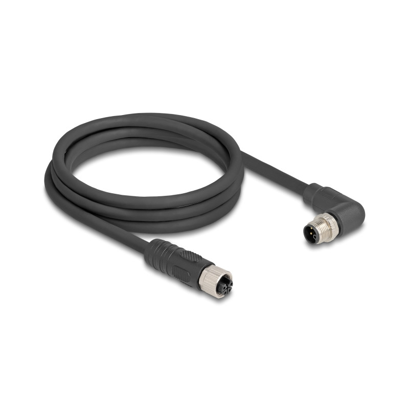 Delock M12 Kabel L-kodiert 4 Pin Stecker rechts gewinkelt zu Buchse gerade PUR schleppkettentauglich 2 m schwarz