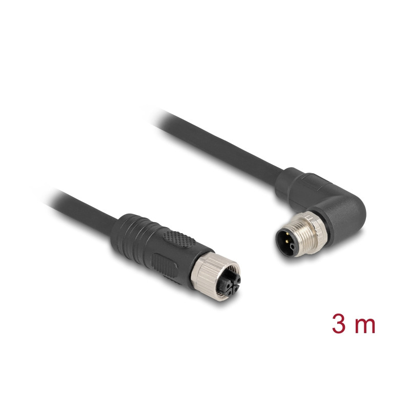 Delock M12 Kabel L-kodiert 4 Pin Stecker rechts gewinkelt zu Buchse gerade PUR schleppkettentauglich 3 m schwarz
