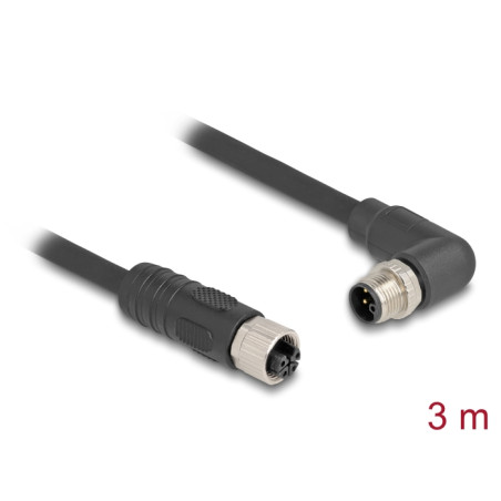 Delock M12 Kabel L-kodiert 4 Pin Stecker rechts gewinkelt zu Buchse gerade PUR schleppkettentauglich 3 m schwarz