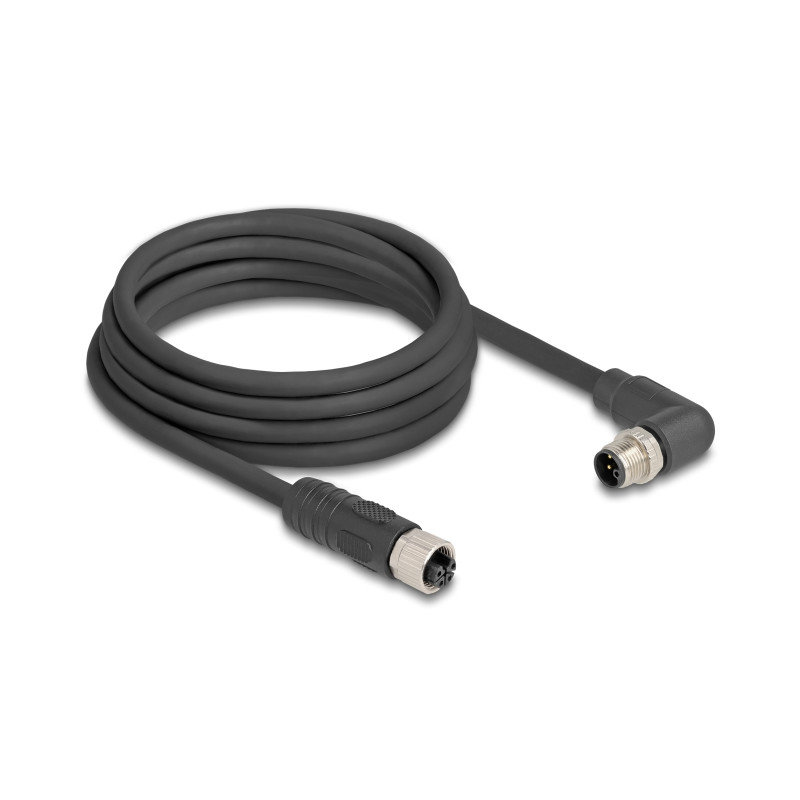 Delock M12 Kabel L-kodiert 4 Pin Stecker rechts gewinkelt zu Buchse gerade PUR schleppkettentauglich 3 m schwarz