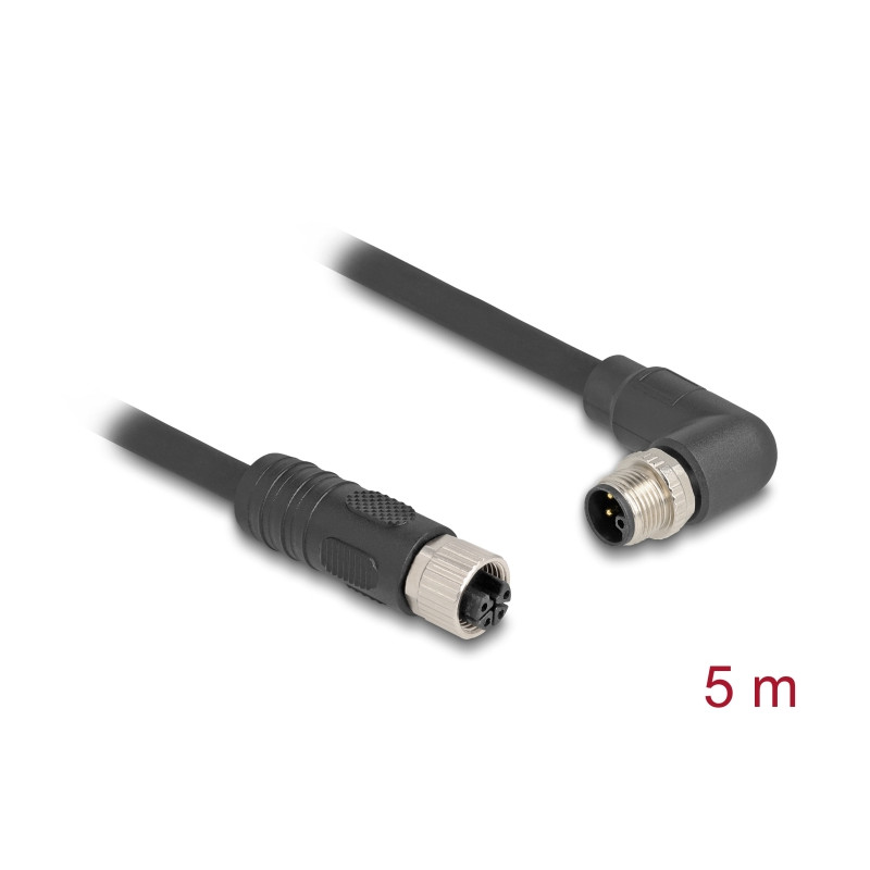 Delock M12 Kabel L-kodiert 4 Pin Stecker rechts gewinkelt zu Buchse gerade PUR schleppkettentauglich 5 m schwarz