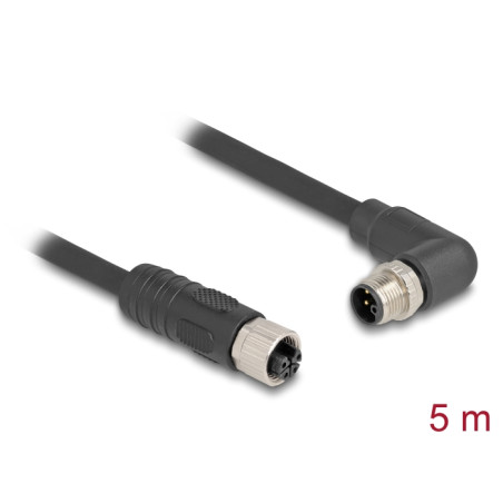 Delock M12 Kabel L-kodiert 4 Pin Stecker rechts gewinkelt zu Buchse gerade PUR schleppkettentauglich 5 m schwarz