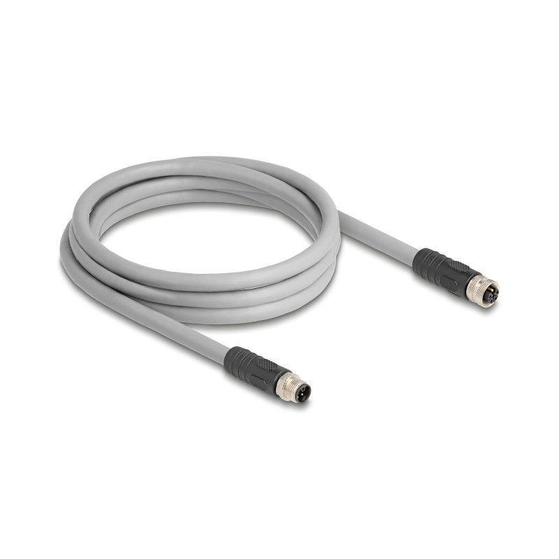 Delock M12 Kabel L-kodiert 5 Pin Stecker zu Buchse PUR schleppkettentauglich 2 m grau