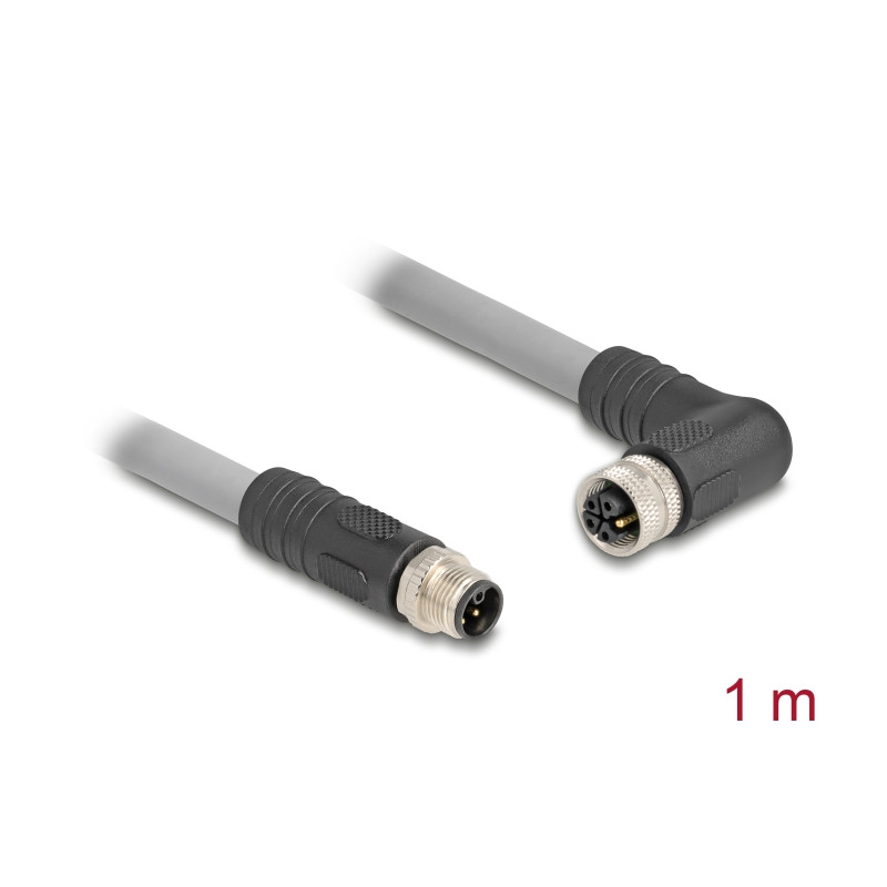 Delock M12 Kabel L-kodiert 5 Pin Stecker gerade zu Buchse rechts gewinkelt PUR schleppkettentauglich 1 m grau