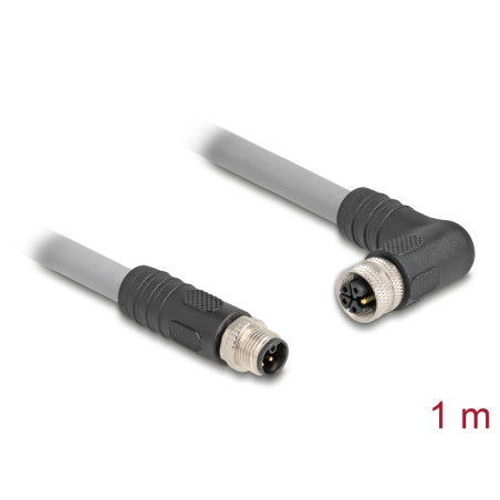 Delock M12 Kabel L-kodiert 5 Pin Stecker gerade zu Buchse rechts gewinkelt PUR schleppkettentauglich 1 m grau