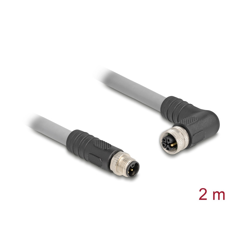 Delock M12 Kabel L-kodiert 5 Pin Stecker gerade zu Buchse rechts gewinkelt PUR schleppkettentauglich 2 m grau